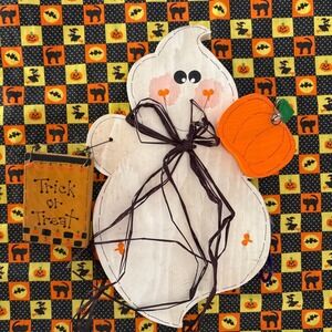 Handmade 1990s‎ Vintage Halloween Wooden Ghost Trick or Treat Pumpkin Wall Decor